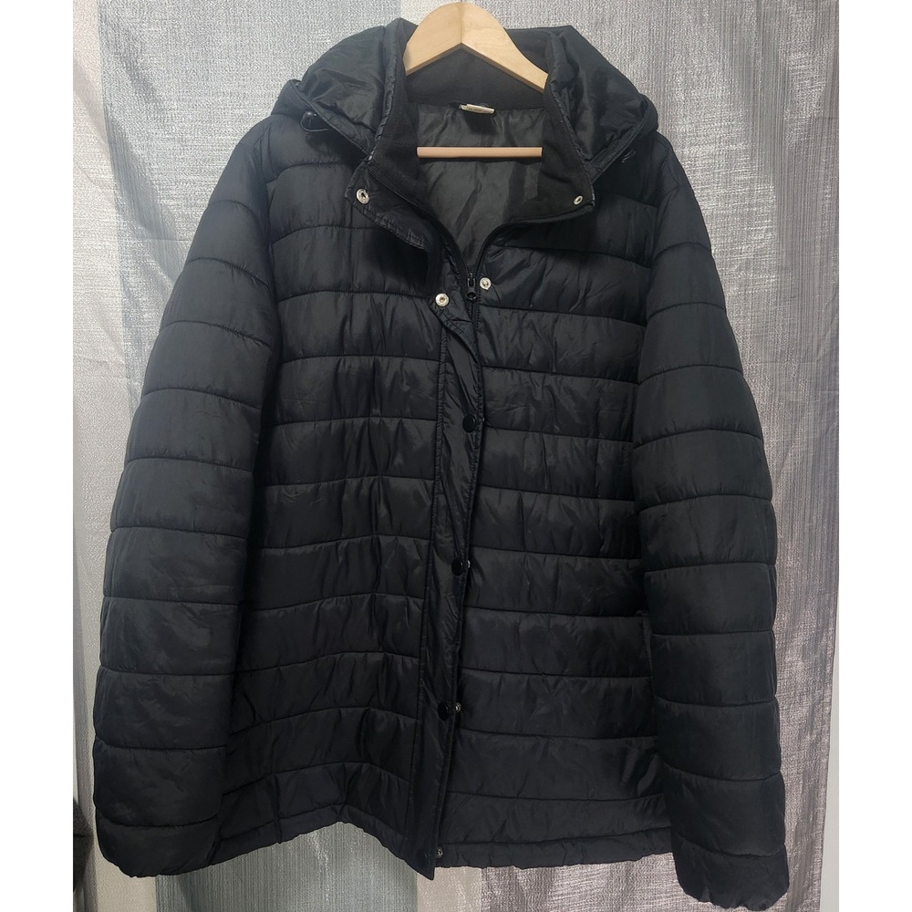 Womens Rich Black Puffer Jacket Detachable Hood 2X 20W-22W Minimalist Gorp Urban